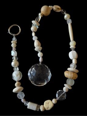 Hanging String of Cream, White, and Clear Beads with Faceted Crystal Ball